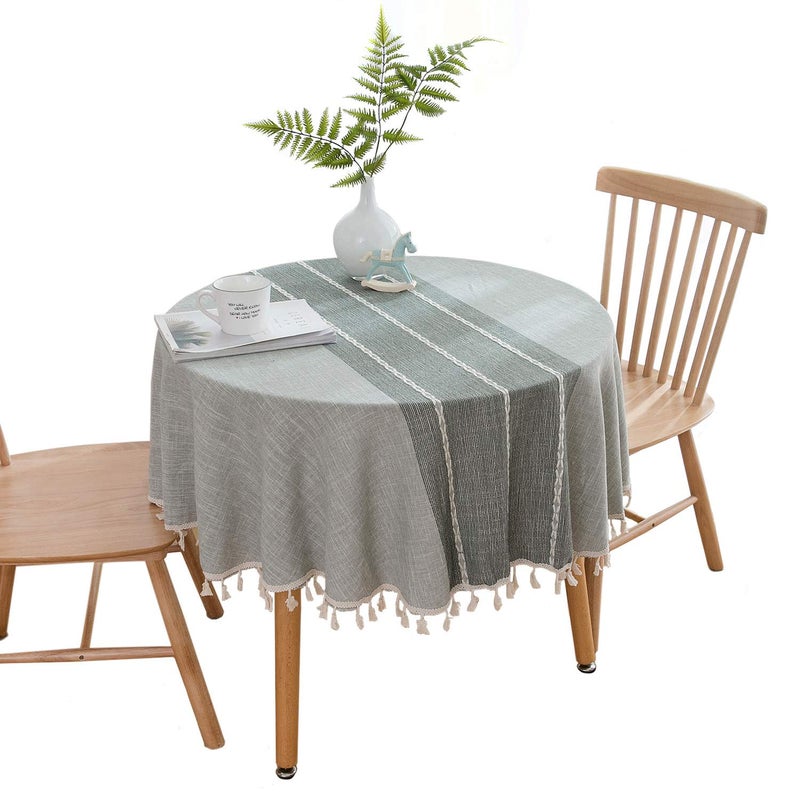 Dimatic Heavy Weight Cotton Linen Tablecloth - Round 60 Inch Tablecloth - Tassel Stitching Table Cover for Kitchen Dining Room Tabletop Decoration - Gray - Image 1